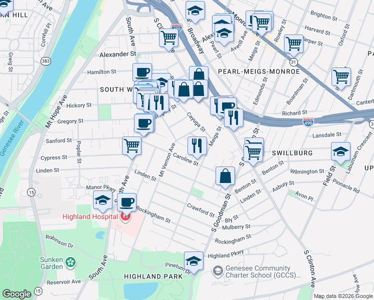 map of restaurants, bars, coffee shops, grocery stores, and more near 45 Washburn Park in Rochester