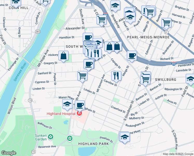 map of restaurants, bars, coffee shops, grocery stores, and more near 47 Caroline Street in Rochester