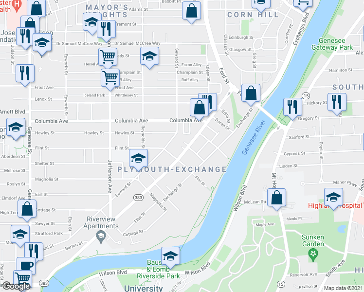 map of restaurants, bars, coffee shops, grocery stores, and more near 822 New York 383 in Rochester