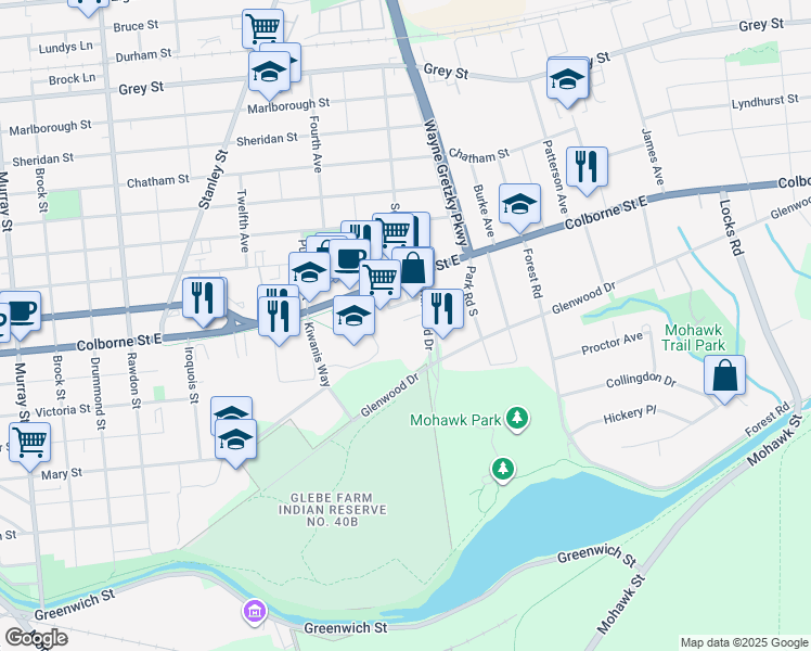map of restaurants, bars, coffee shops, grocery stores, and more near 19 Lynnwood Drive in Brantford
