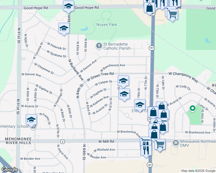 map of restaurants, bars, coffee shops, grocery stores, and more near 8120 West Daphne Street in Milwaukee