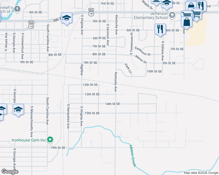 map of restaurants, bars, coffee shops, grocery stores, and more near 1208 South Kentucky Avenue in Mason City