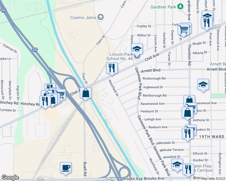 map of restaurants, bars, coffee shops, grocery stores, and more near 67 Westfield Street in Rochester