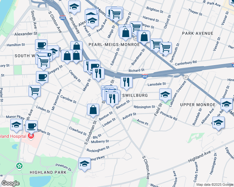 map of restaurants, bars, coffee shops, grocery stores, and more near 42 Henrietta Street in Rochester