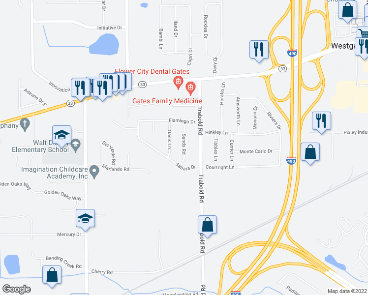 map of restaurants, bars, coffee shops, grocery stores, and more near 11 Sands Road in Rochester