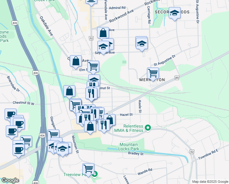 map of restaurants, bars, coffee shops, grocery stores, and more near 40 Bessey Street in Saint Catharines