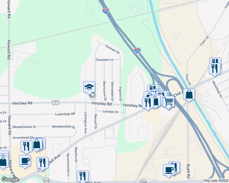 map of restaurants, bars, coffee shops, grocery stores, and more near 30 Merrydale Drive in Rochester