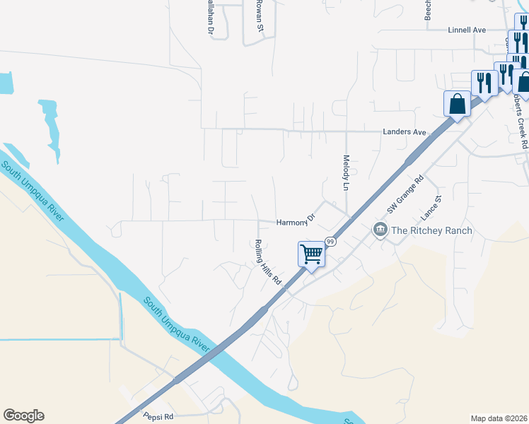 map of restaurants, bars, coffee shops, grocery stores, and more near 359 Rolling Hills Road in Roseburg