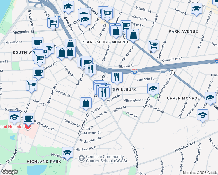 map of restaurants, bars, coffee shops, grocery stores, and more near 30 Henrietta Street in Rochester