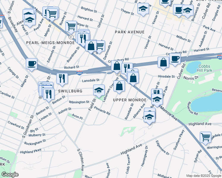 map of restaurants, bars, coffee shops, grocery stores, and more near 142 Laburnam Crescent in Rochester