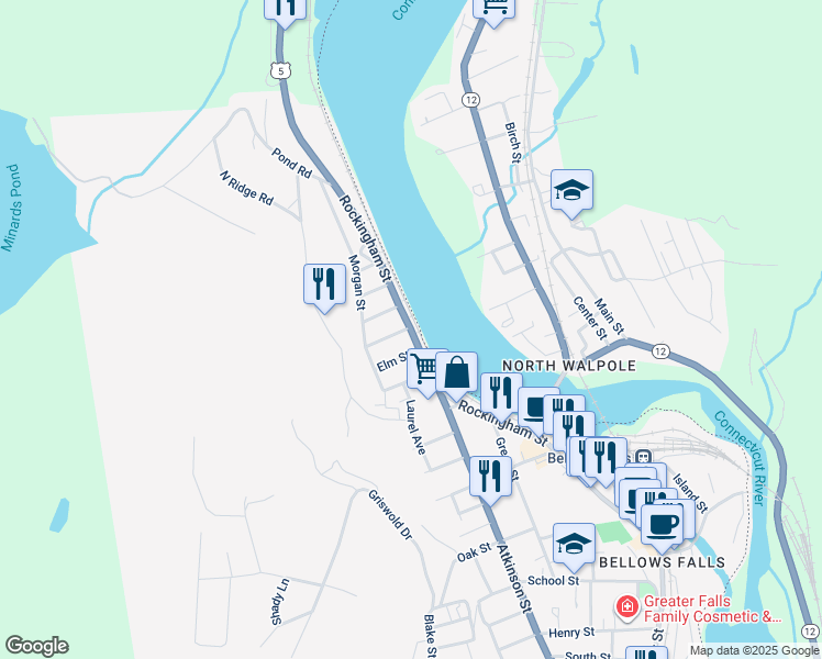 map of restaurants, bars, coffee shops, grocery stores, and more near Rockingham Road in Town of Rockingham