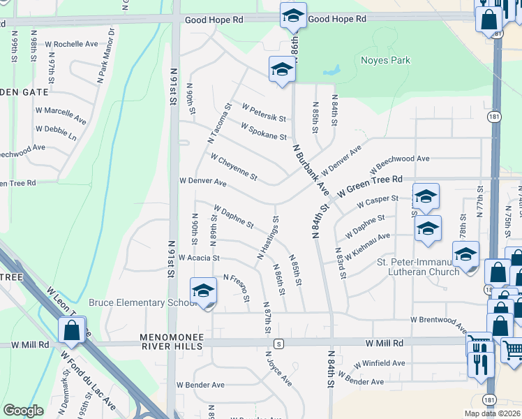 map of restaurants, bars, coffee shops, grocery stores, and more near 8625 West Denver Avenue in Milwaukee