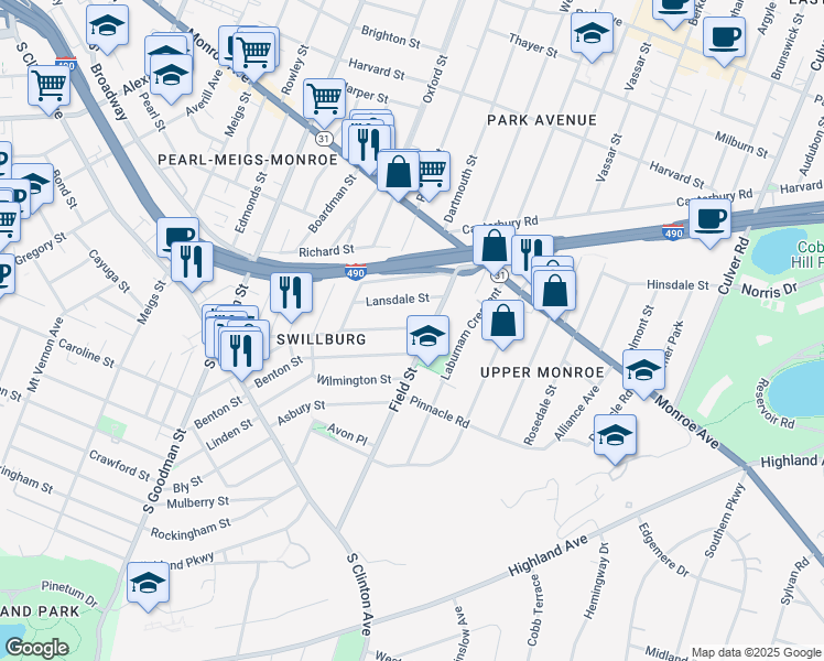map of restaurants, bars, coffee shops, grocery stores, and more near 231 Henrietta Street in Rochester