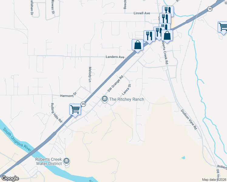 map of restaurants, bars, coffee shops, grocery stores, and more near 5121 Southwest Grange Road in Roseburg