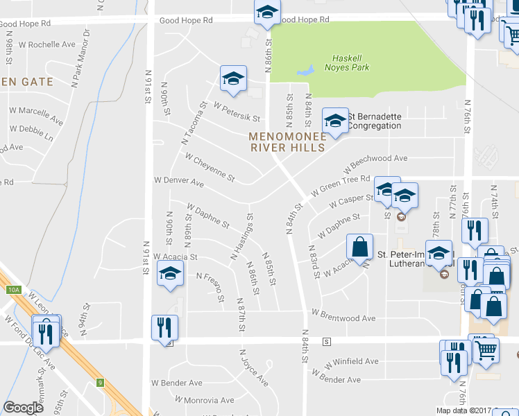 map of restaurants, bars, coffee shops, grocery stores, and more near 8529 West Denver Avenue in Milwaukee