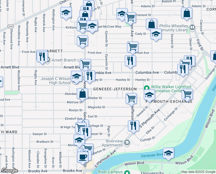 map of restaurants, bars, coffee shops, grocery stores, and more near 476 Flint Street in Rochester