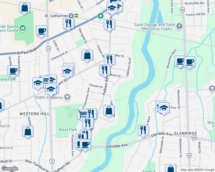 map of restaurants, bars, coffee shops, grocery stores, and more near 121 Pelham Road in St. Catharines