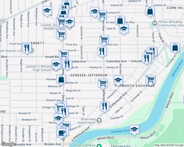 map of restaurants, bars, coffee shops, grocery stores, and more near 418 Flint Street in Rochester