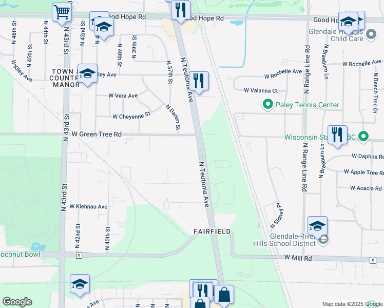 map of restaurants, bars, coffee shops, grocery stores, and more near 6737 North Teutonia Avenue in Milwaukee