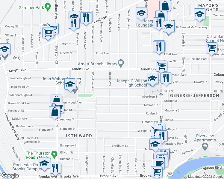 map of restaurants, bars, coffee shops, grocery stores, and more near 374 Rugby Avenue in Rochester