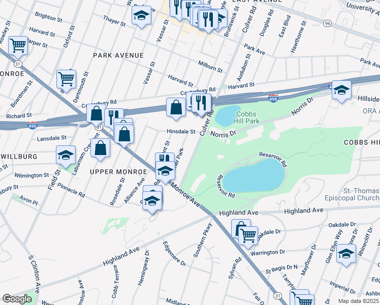 map of restaurants, bars, coffee shops, grocery stores, and more near 71 Culver Road in Rochester