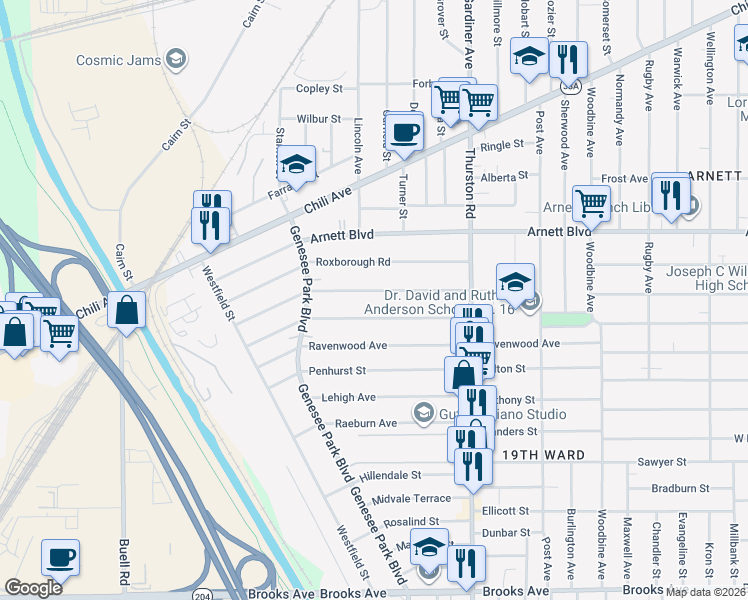 map of restaurants, bars, coffee shops, grocery stores, and more near 145 Inglewood Drive in Rochester
