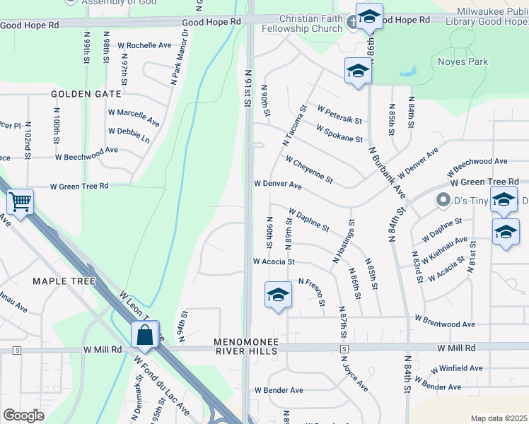 map of restaurants, bars, coffee shops, grocery stores, and more near 6725 North 90th Street in Milwaukee