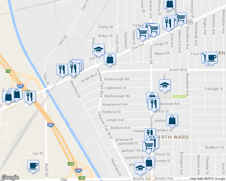 map of restaurants, bars, coffee shops, grocery stores, and more near 193 Inglewood Drive in Rochester
