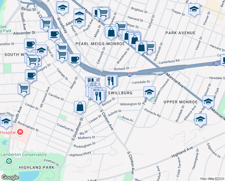 map of restaurants, bars, coffee shops, grocery stores, and more near 76 Henrietta Street in Rochester