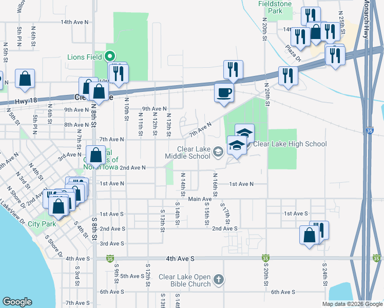 map of restaurants, bars, coffee shops, grocery stores, and more near 1410 3rd Avenue North in Clear Lake