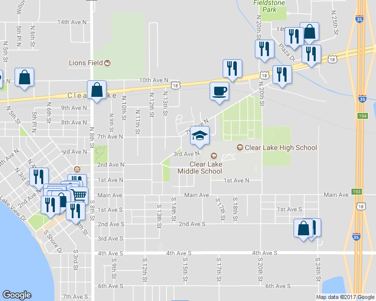 map of restaurants, bars, coffee shops, grocery stores, and more near 1410 3rd Avenue North in Clear Lake