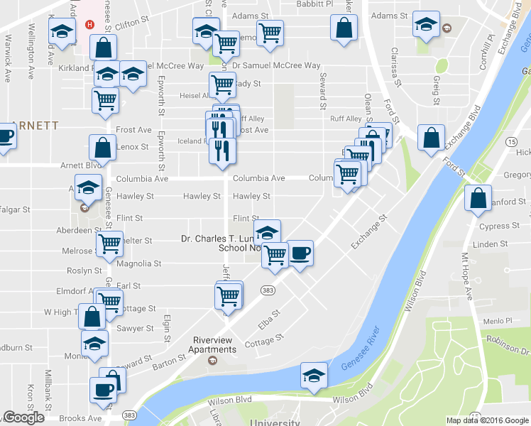map of restaurants, bars, coffee shops, grocery stores, and more near 262 Flint Street in Rochester