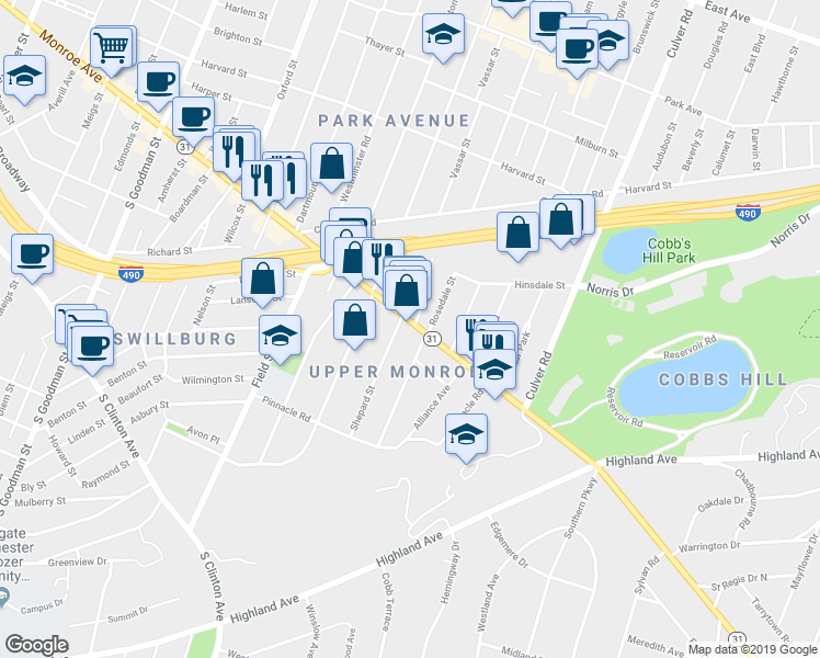 map of restaurants, bars, coffee shops, grocery stores, and more near 18 Shepard Street in Rochester