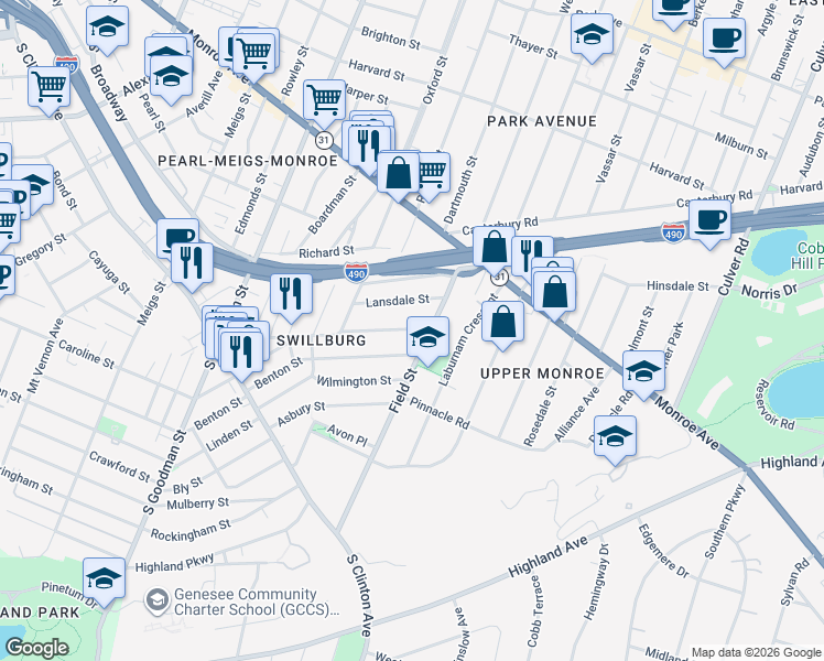 map of restaurants, bars, coffee shops, grocery stores, and more near 231 Henrietta Street in Rochester