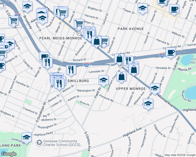 map of restaurants, bars, coffee shops, grocery stores, and more near 231 Henrietta Street in Rochester
