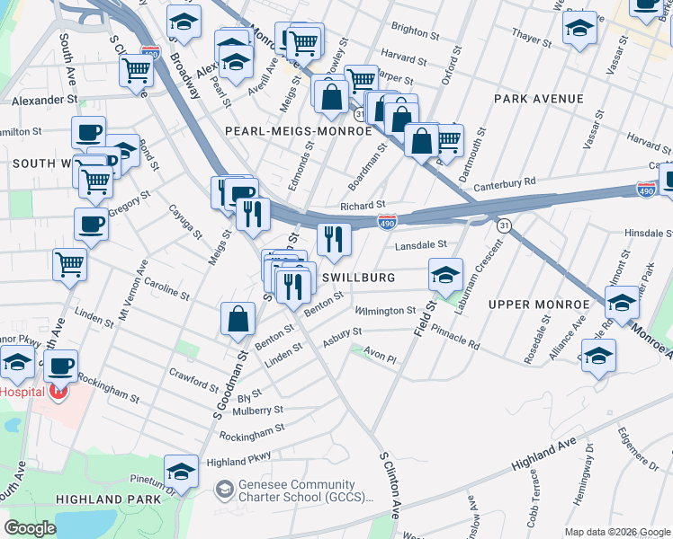 map of restaurants, bars, coffee shops, grocery stores, and more near 76 Henrietta Street in Rochester