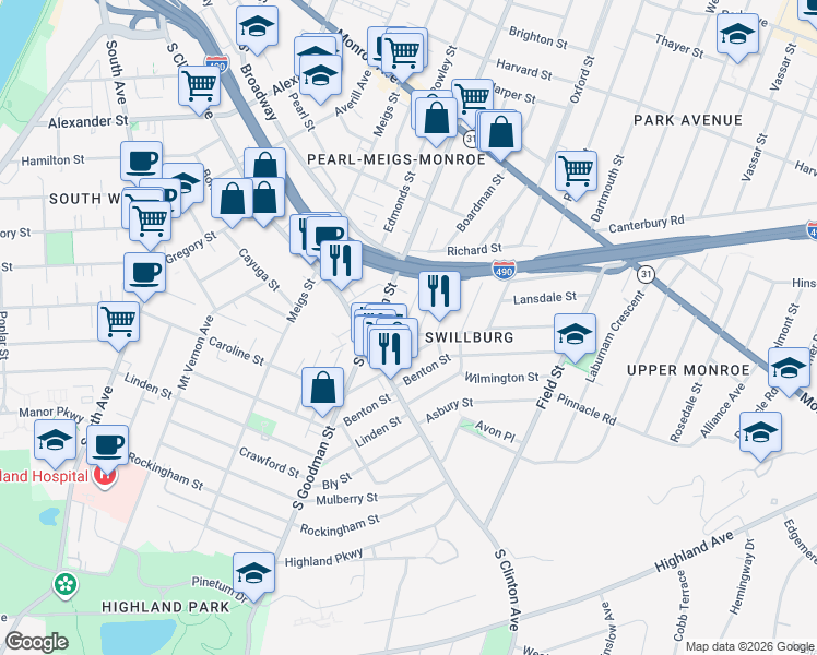 map of restaurants, bars, coffee shops, grocery stores, and more near 30 Henrietta Street in Rochester
