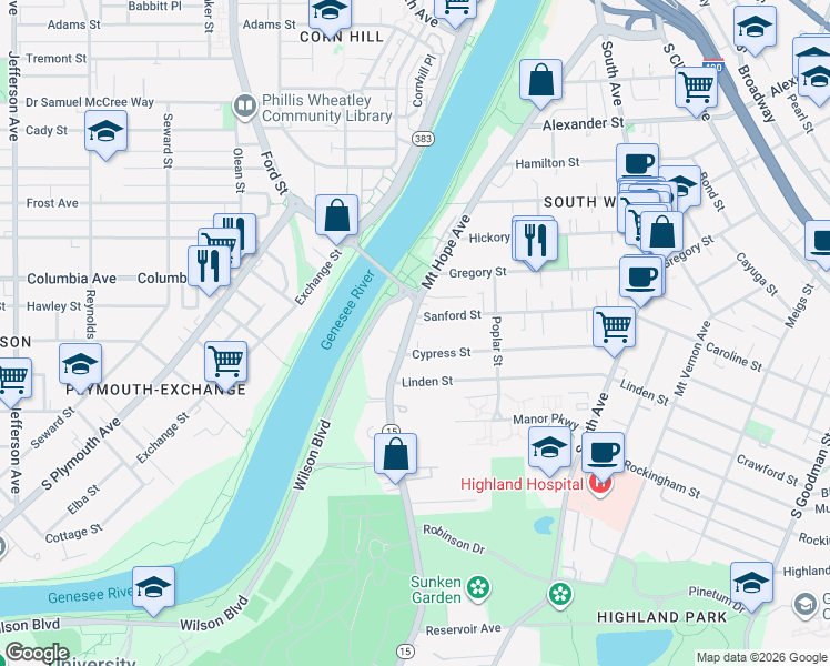 map of restaurants, bars, coffee shops, grocery stores, and more near 40 Cypress Street in Rochester