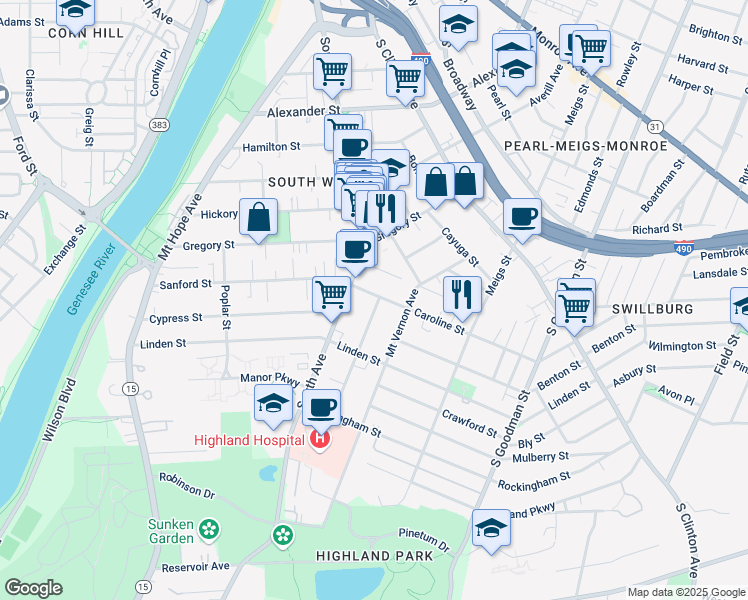 map of restaurants, bars, coffee shops, grocery stores, and more near 47 Caroline Street in Rochester