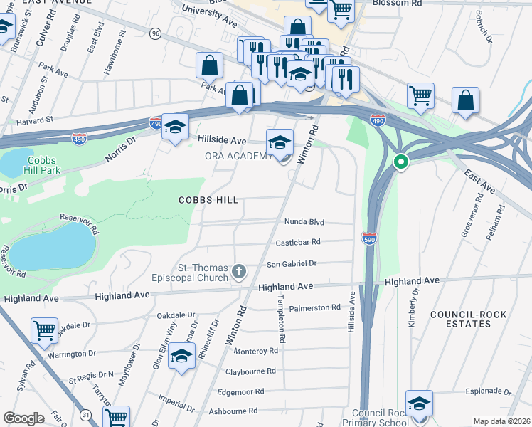 map of restaurants, bars, coffee shops, grocery stores, and more near 166 Nunda Boulevard in Rochester