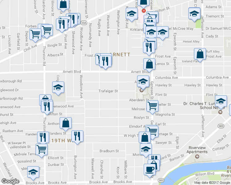 map of restaurants, bars, coffee shops, grocery stores, and more near 419 Wellington Avenue in Rochester