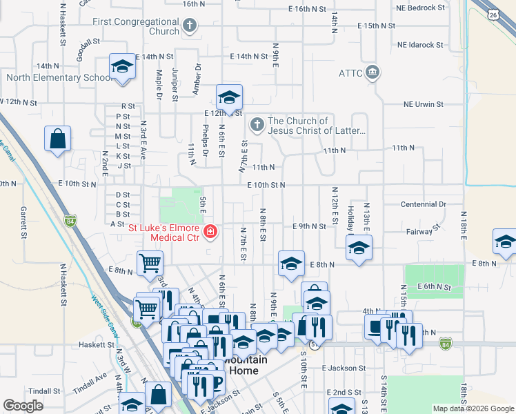 map of restaurants, bars, coffee shops, grocery stores, and more near 935 North 8th East in Mountain Home