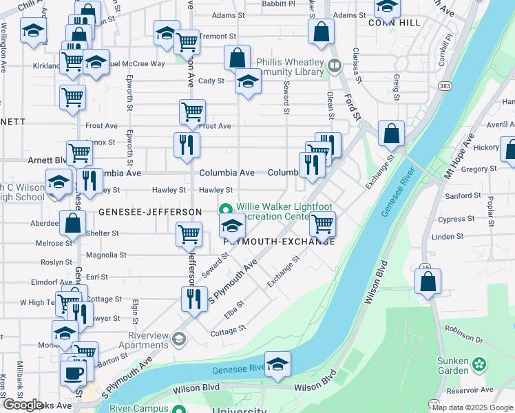 map of restaurants, bars, coffee shops, grocery stores, and more near 204 Flint Street in Rochester