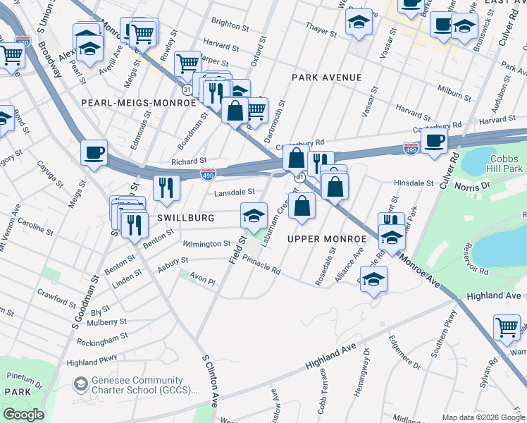 map of restaurants, bars, coffee shops, grocery stores, and more near 116 Field Street in Rochester