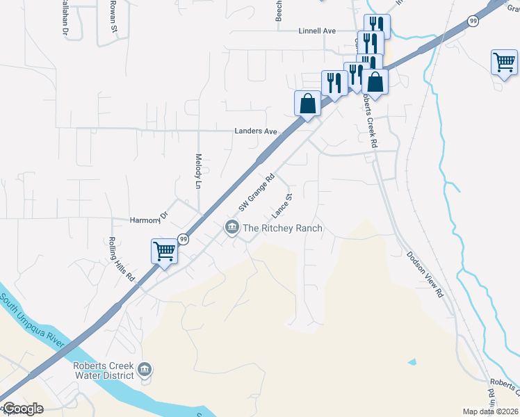 map of restaurants, bars, coffee shops, grocery stores, and more near 5121 Southwest Grange Road in Roseburg