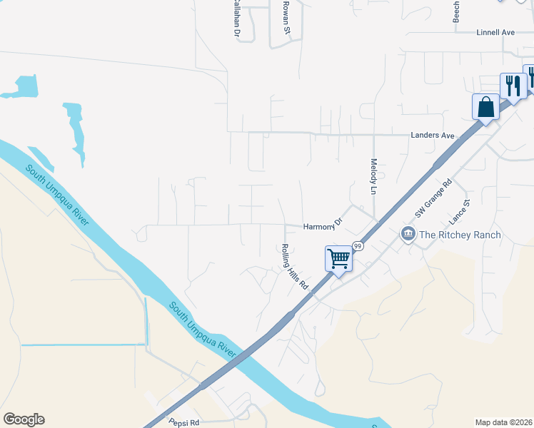 map of restaurants, bars, coffee shops, grocery stores, and more near 423 Harmony Drive in Roseburg
