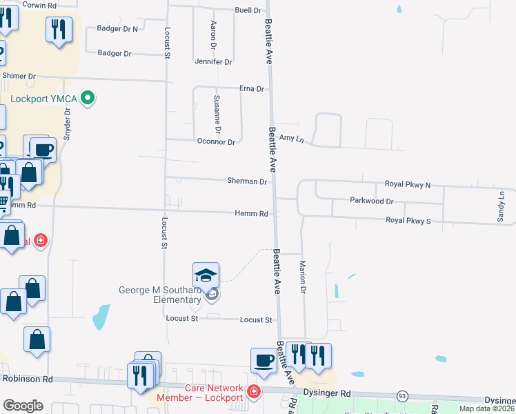 map of restaurants, bars, coffee shops, grocery stores, and more near 6425 Hamm Road in Lockport