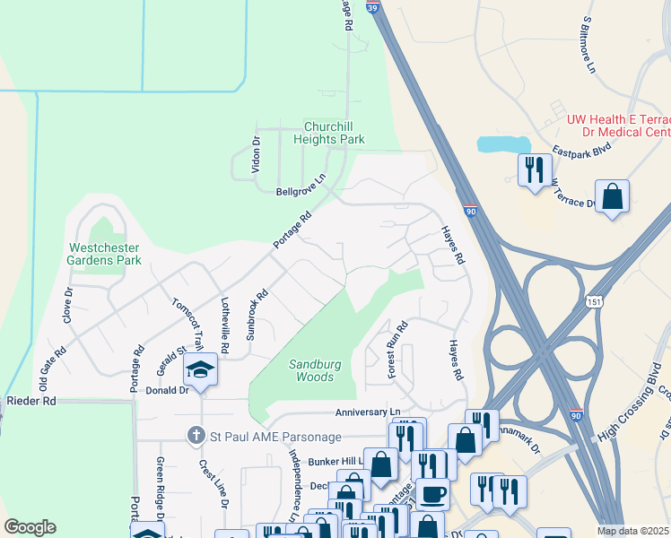 map of restaurants, bars, coffee shops, grocery stores, and more near 3816 Sunbrook Road in Madison