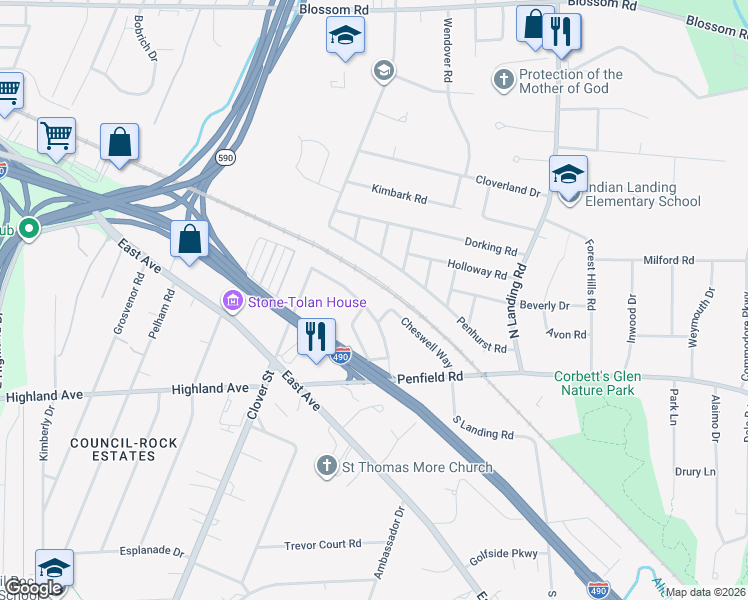 map of restaurants, bars, coffee shops, grocery stores, and more near 106 Greenaway Road in Rochester