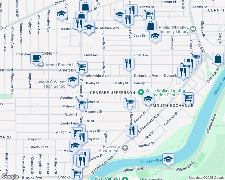 map of restaurants, bars, coffee shops, grocery stores, and more near 418 Flint Street in Rochester
